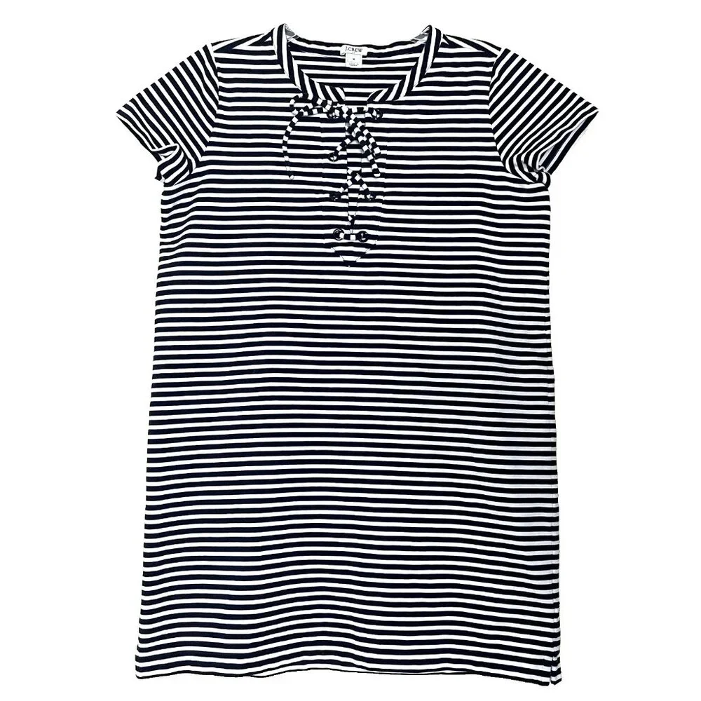 J. Crew Striped Nautical Mini Dress Medium Short Sleeves Lace Up Coastal H9354